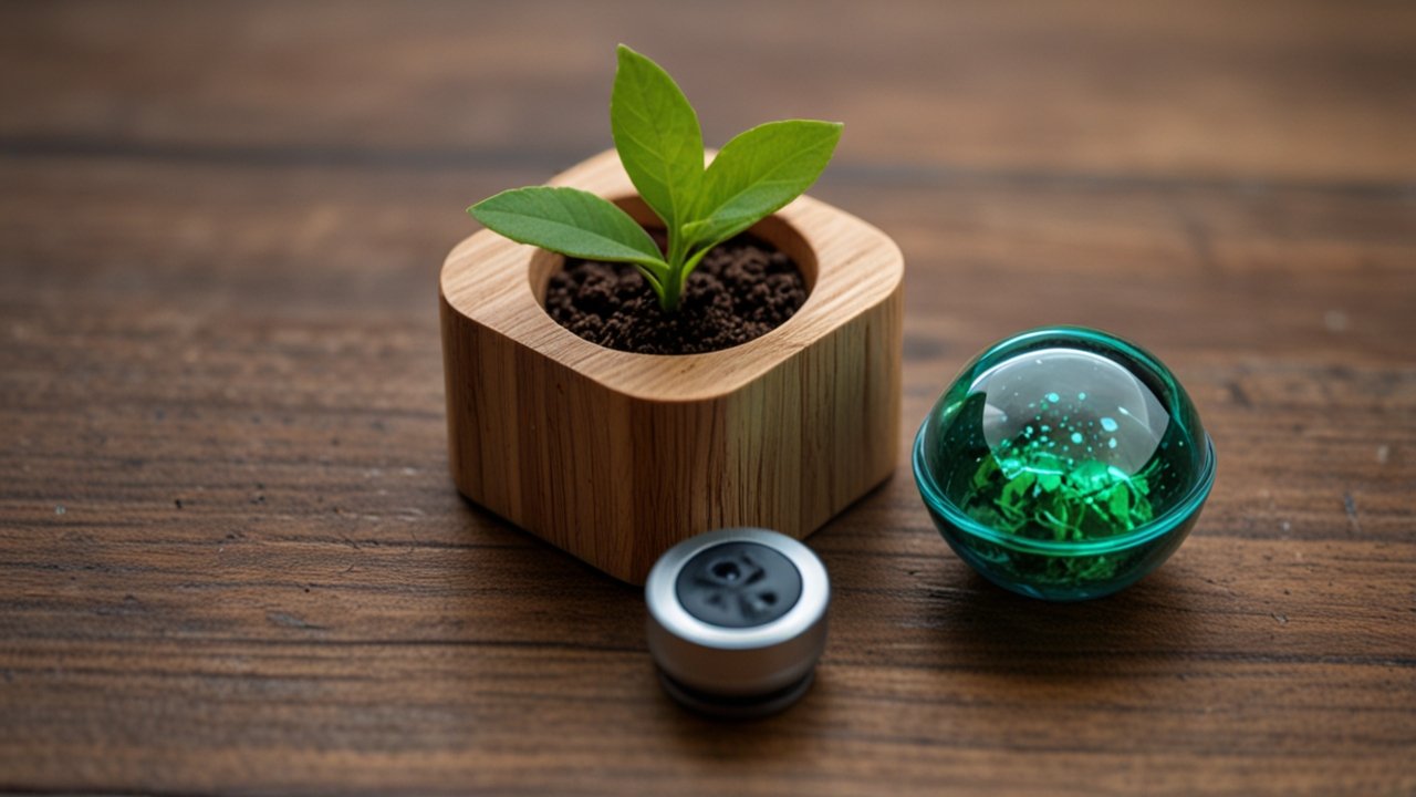 Modern eco-friendly gadget showcase with sustainable electronics, green technology displays, and environmentally conscious design demonstrations