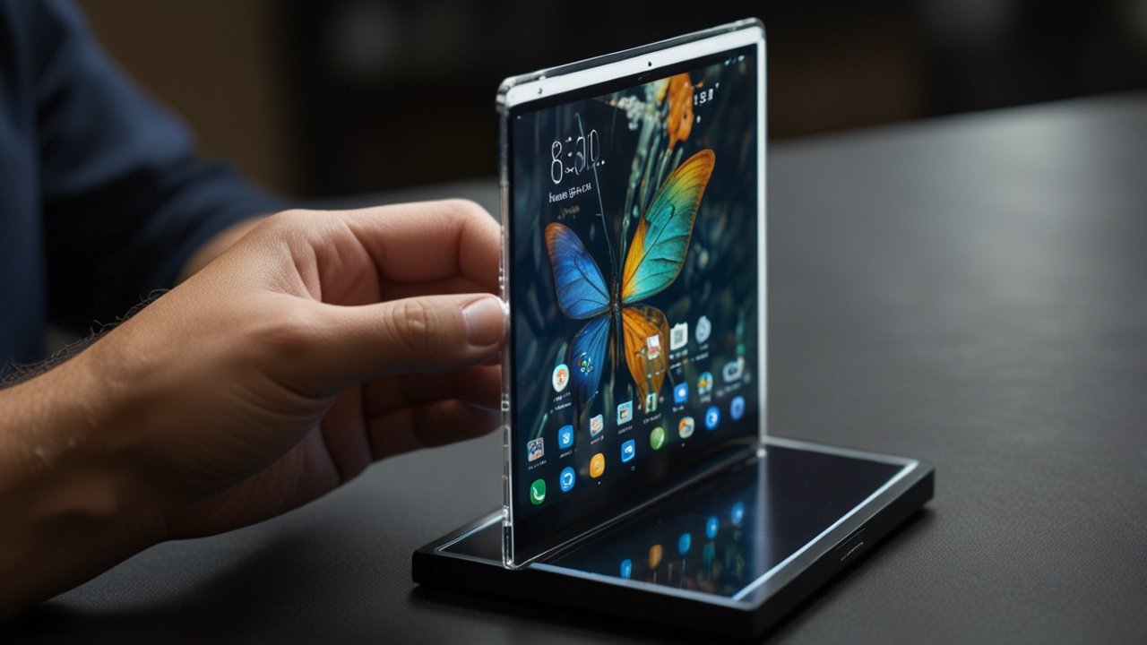 Advanced display technology laboratory with foldable screen prototypes, flexible materials testing, and bendable display demonstrations