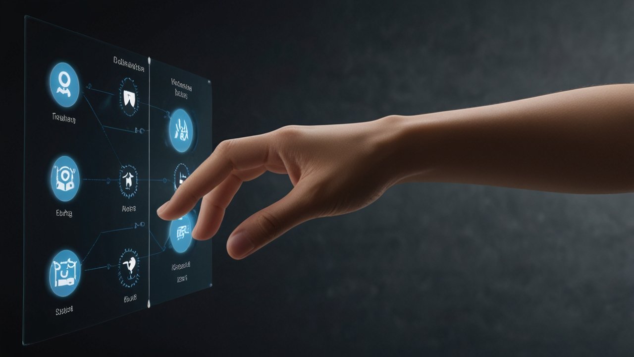 Futuristic gesture control interface with motion recognition sensors, touchless interaction displays, and spatial computing demonstrations