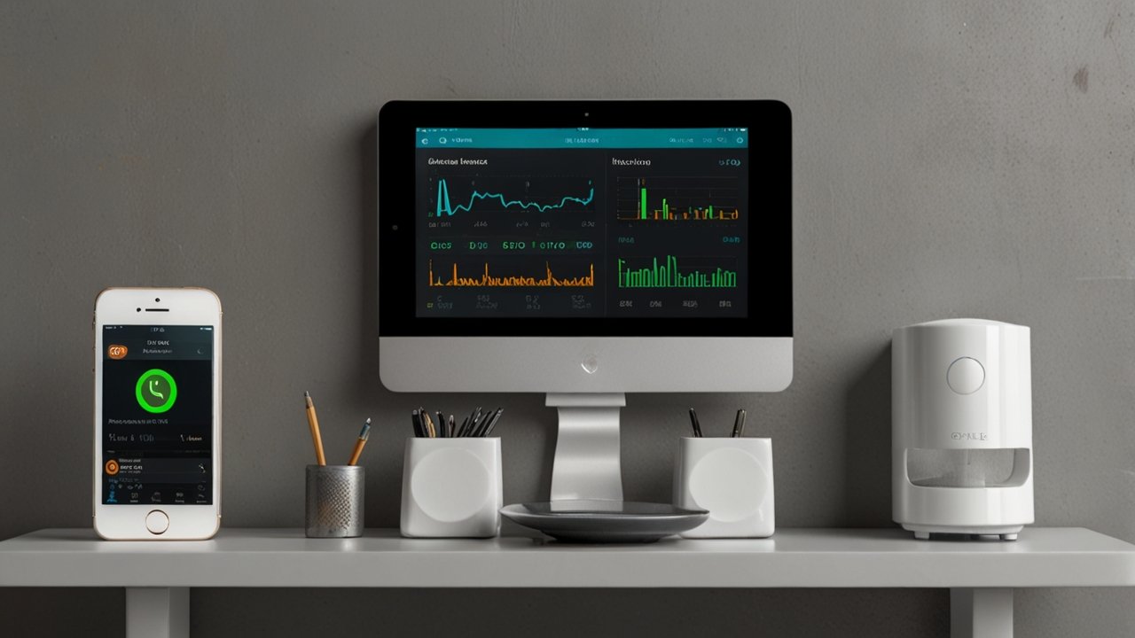 Modern smart home energy dashboard with consumption monitoring displays, efficiency analytics, and power management interfaces throughout home