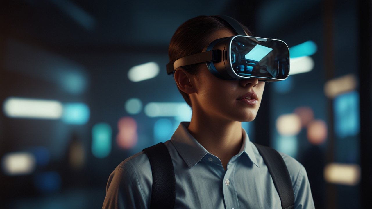 Futuristic immersive technology center with VR/AR experiences, spatial computing interfaces, and mixed reality demonstrations