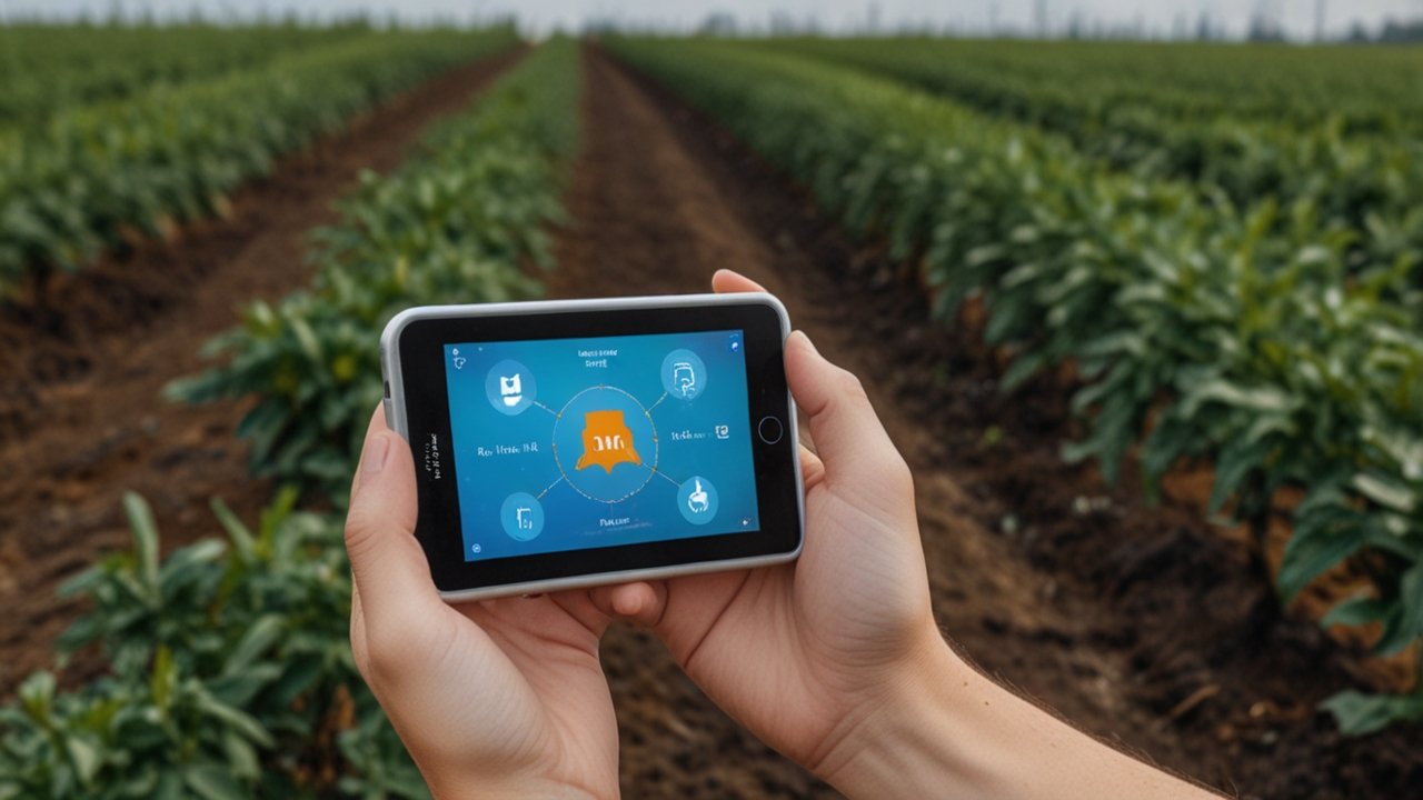 Modern smart farm with IoT sensors, agricultural monitoring systems, and connected farming technology across crop fields