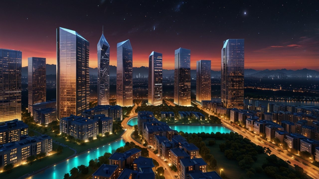 Futuristic metaverse property showcase with virtual real estate displays, digital land ownership interfaces, and blockchain asset management