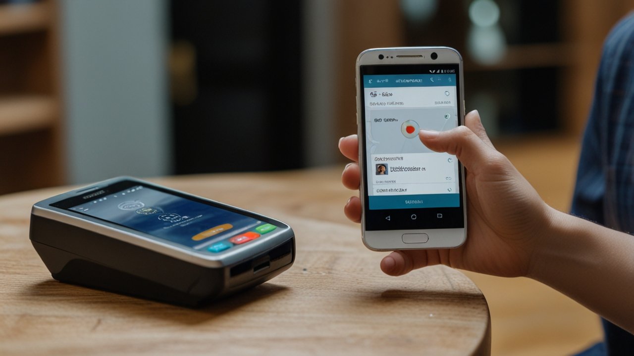 Modern mobile payment interface with contactless transaction displays, digital wallet systems, and secure payment technology demonstrations