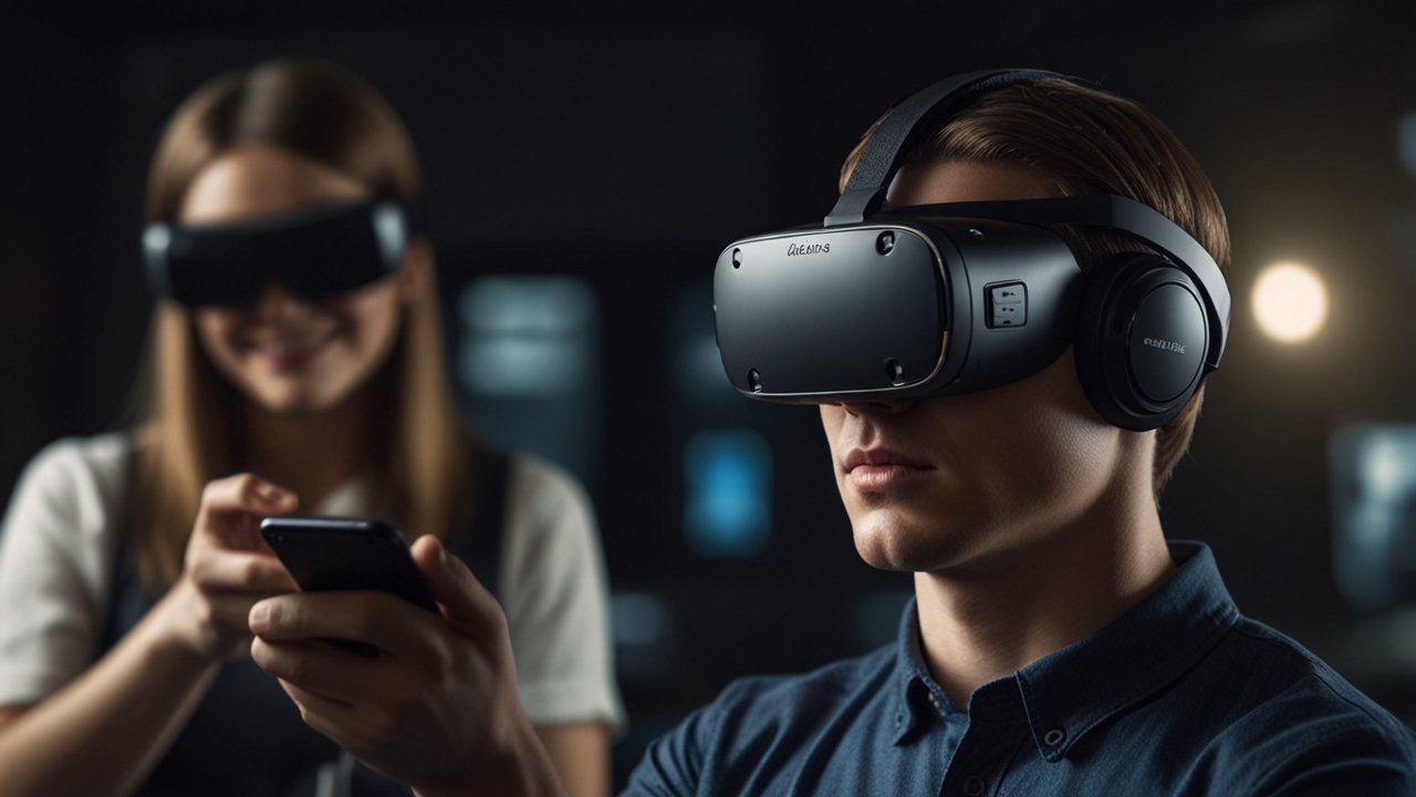Modern mobile VR setup with smartphone-integrated headsets, portable virtual reality experiences, and wireless VR controllers