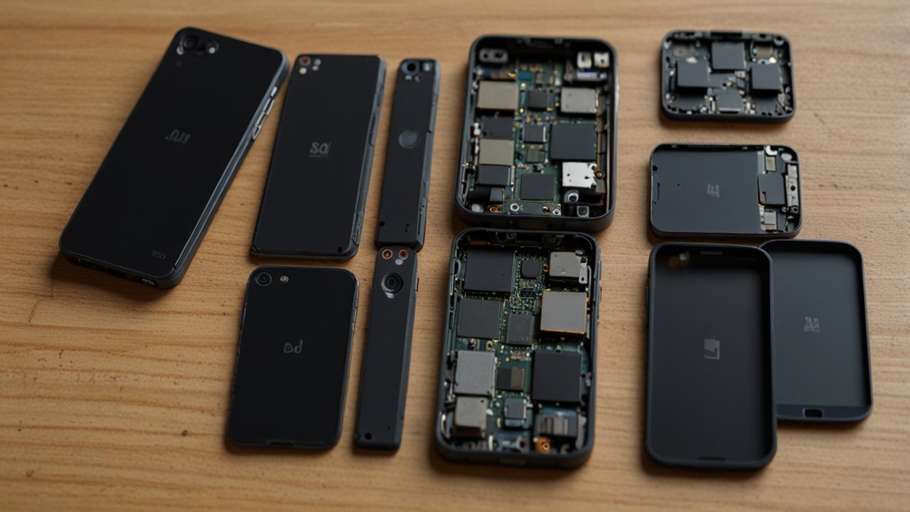 Modern modular smartphone showcase with interchangeable components, customizable hardware displays, and sustainable mobile technology demonstrations