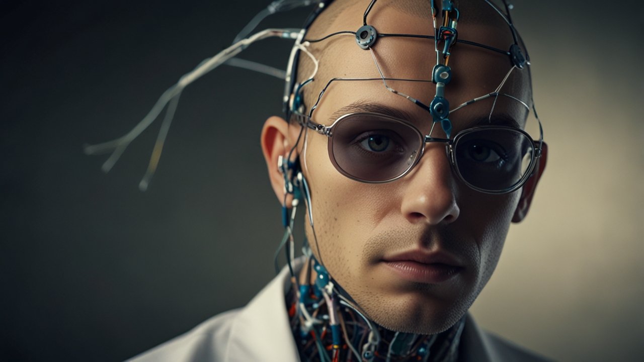Advanced neurotechnology laboratory with brain interfaces, neural engineering equipment, and cognitive enhancement research displays