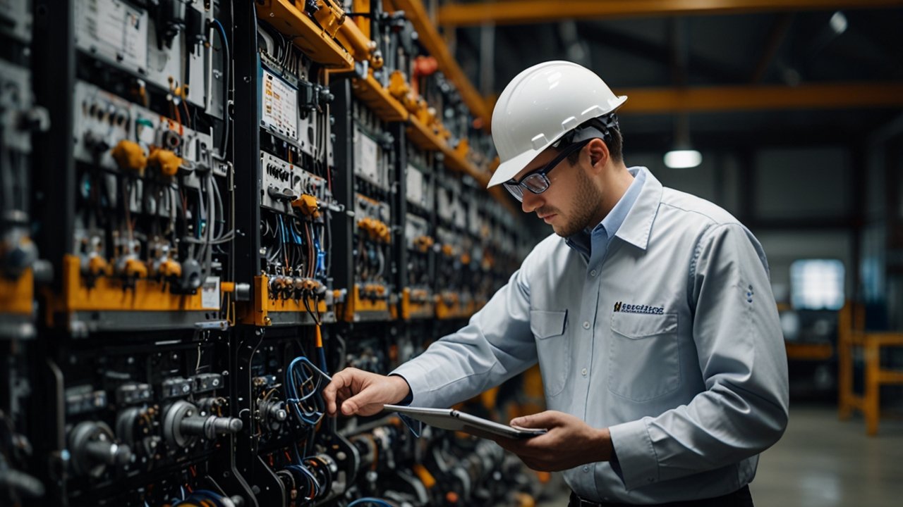 Industrial maintenance facility with predictive monitoring systems, sensor networks, and AI-powered equipment analysis displays