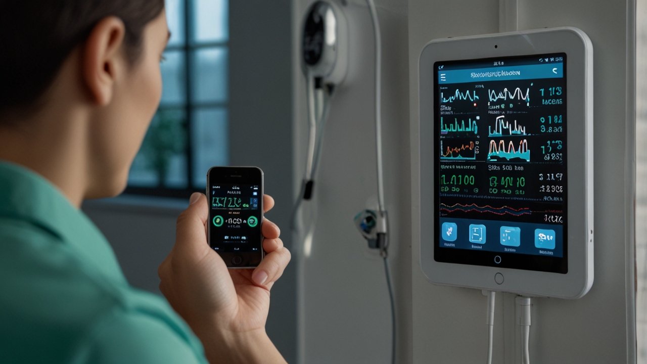 Modern smart healthcare facility with connected medical devices, patient monitoring systems, and digital health technology displays