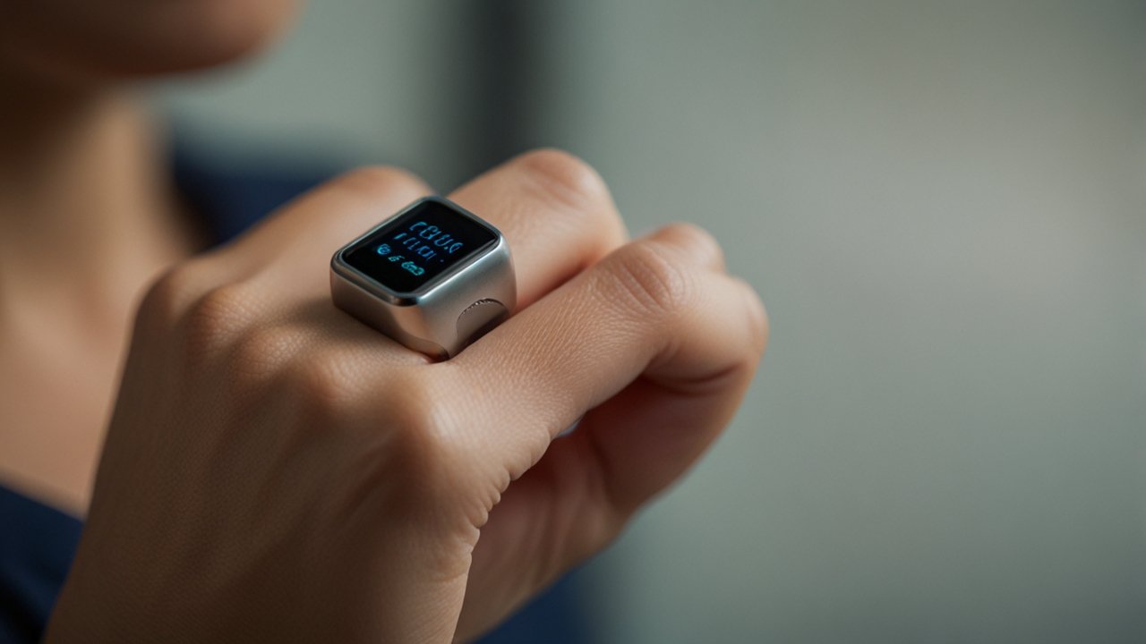 Modern smart ring showcase with miniaturized technology displays, health monitoring interfaces, and wearable computing demonstrations