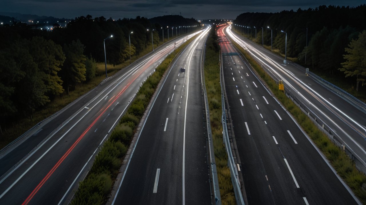 Modern smart road system with intelligent infrastructure, connected traffic management, and advanced transportation technology integration