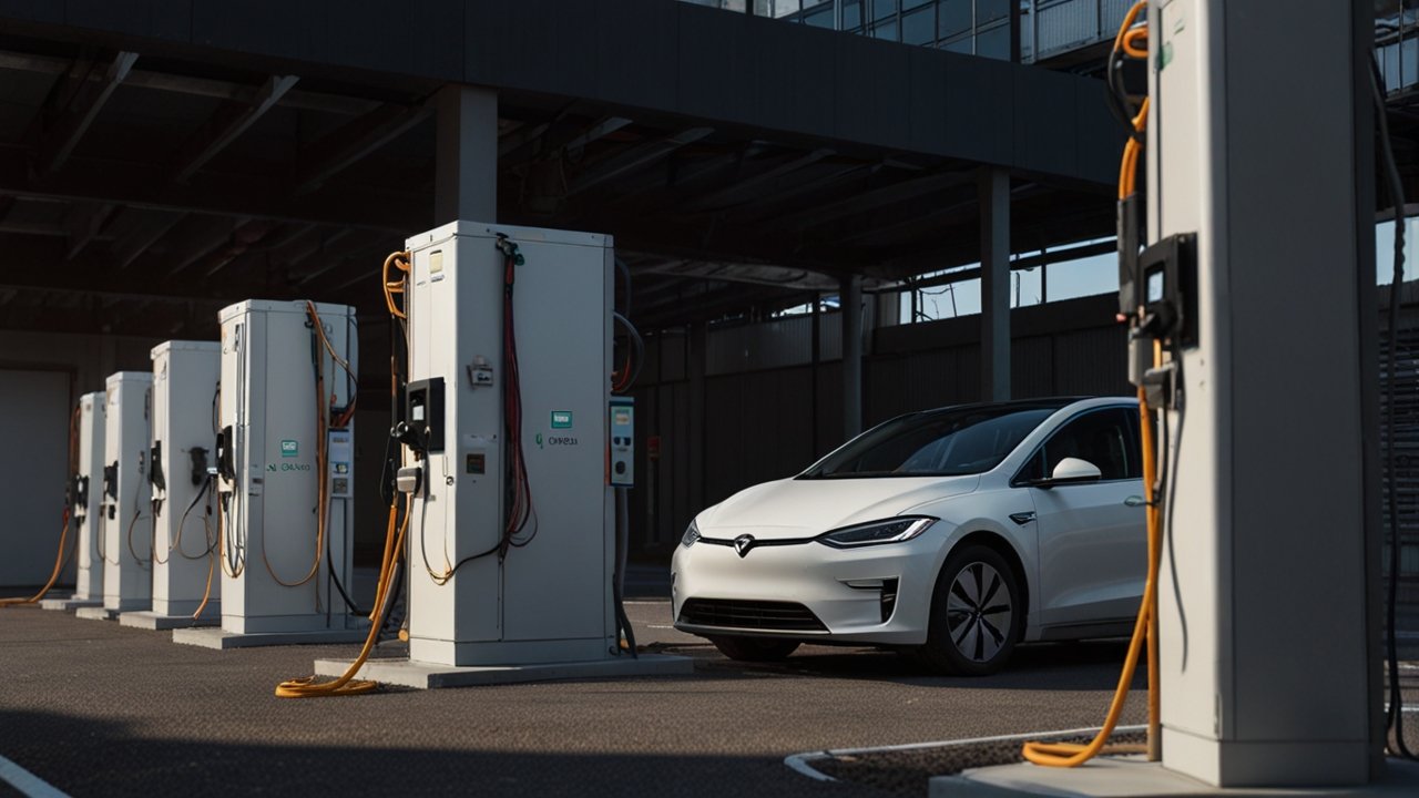 Modern V2G technology demonstration with electric vehicles connected to grid systems, energy flow monitoring, and power management displays