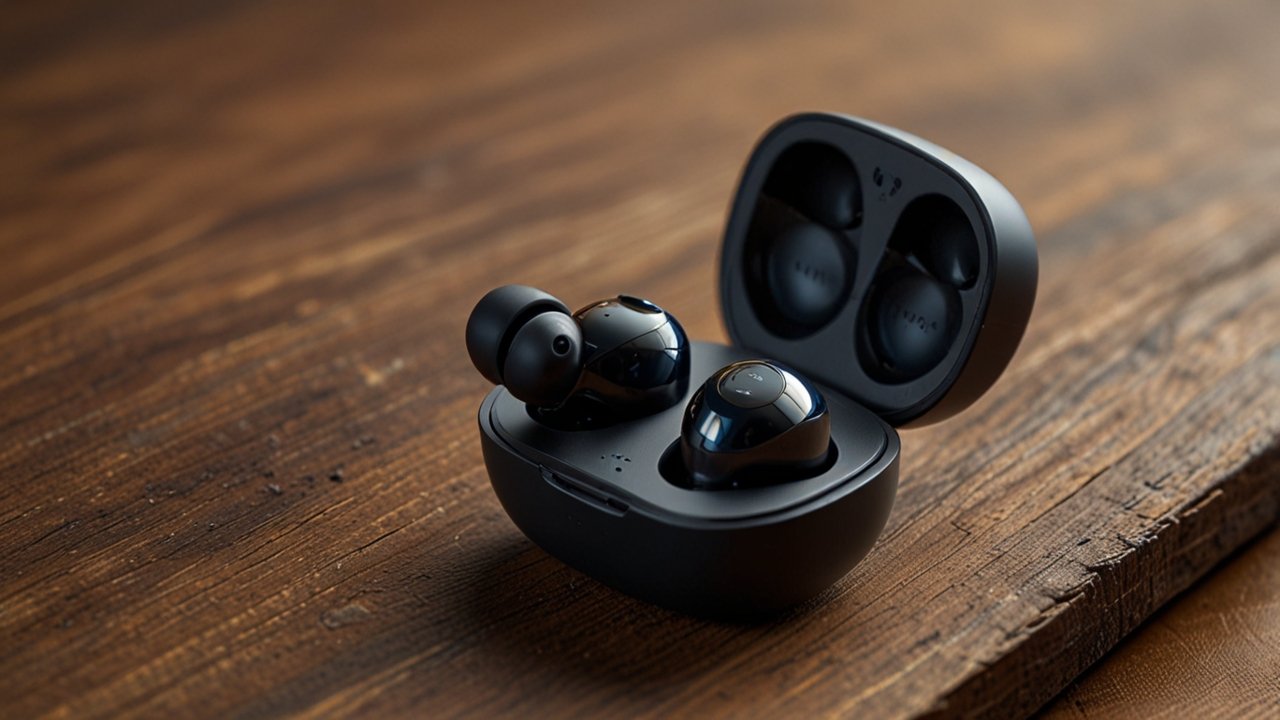 Premium wireless earbuds showcase with audio technology displays, sound quality testing equipment, and advanced feature demonstrations